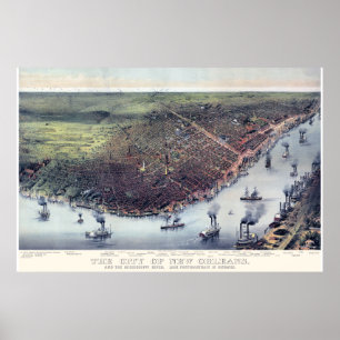 Póster Mapa panorâmico do LA de Nova Orleães REMASTERED