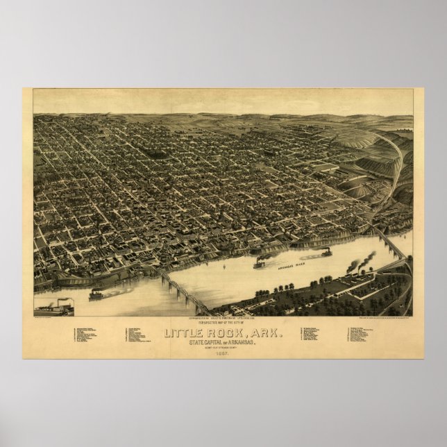 Poster Mapa Panorâmico do Little Rock Arkansas 1887 (Frente)