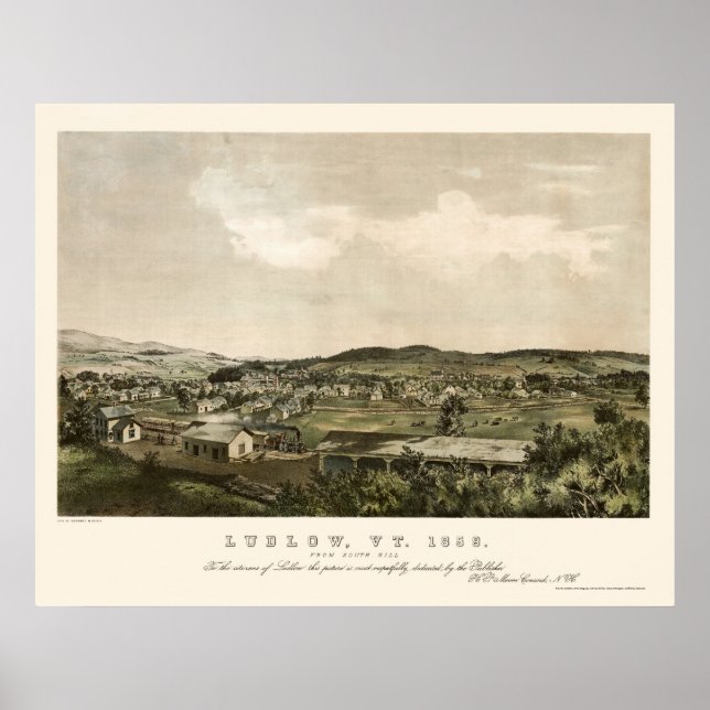 Póster Mapa Panorâmico do Ludlow, VT - 1859 (Frente)