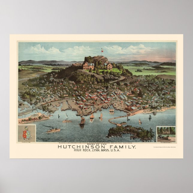 Póster Mapa Panorâmico do Lynn, MÃE - 1881 (Frente)