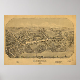 Póster Mapa Panorâmico do Madison Connecticut 1881