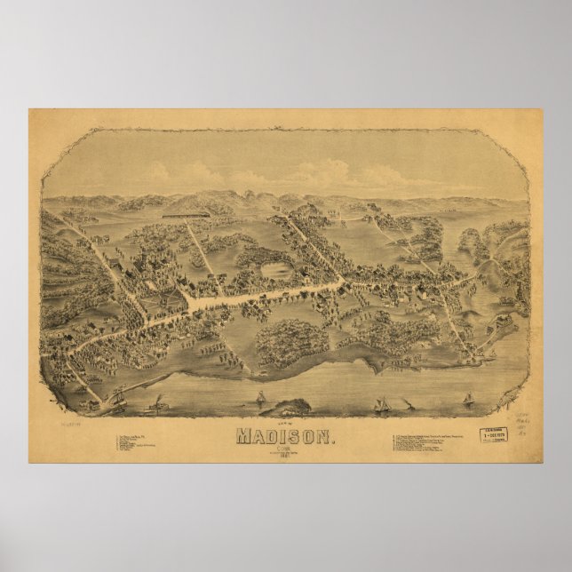 Póster Mapa Panorâmico do Madison Connecticut 1881 (Frente)
