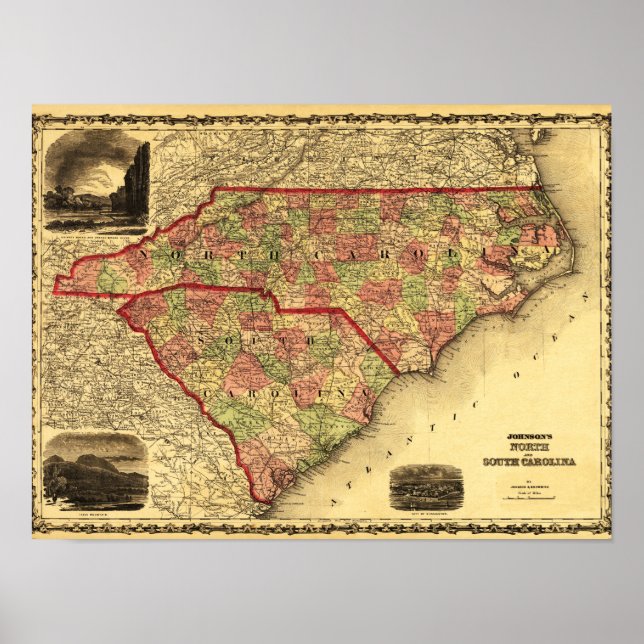 Póster Mapa Panorâmico do Norte e da Carolina do Sul (Frente)