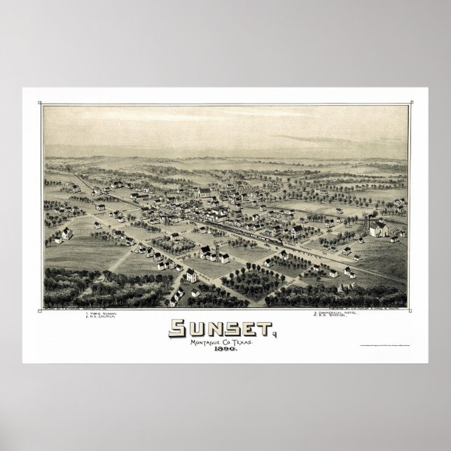 Póster Mapa Panorâmico do Sol, TX - 1890 (Frente)