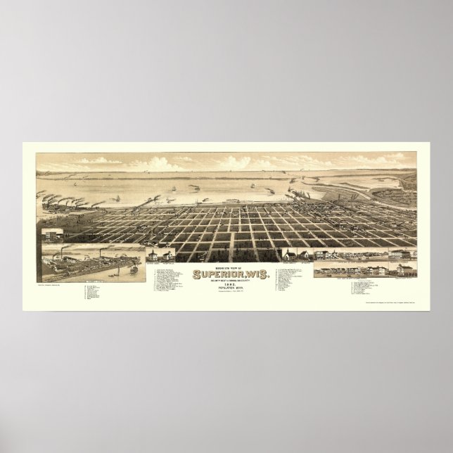 Póster Mapa Panorâmico do WI Superior - 1883 (Frente)