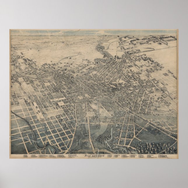 Póster Mapa Panorâmico dos Olhos de San Antonio TX Bird e (Frente)