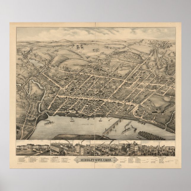 Póster Mapa Panorâmico Médio do Connecticut 1877 (Frente)