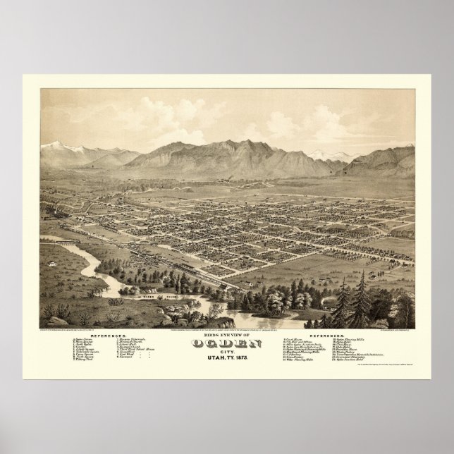 Poster Mapa Panorâmico Ogden, UT - 1875 (Frente)