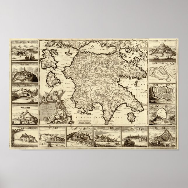 Póster Mapa Peloponeso 1688 Grécia/Grécia (Frente)