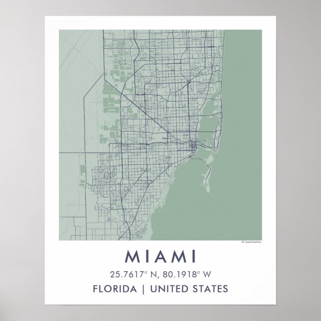 Poster Mapa Personalizado da Cidade de Miami Flórida Arte (Frente)