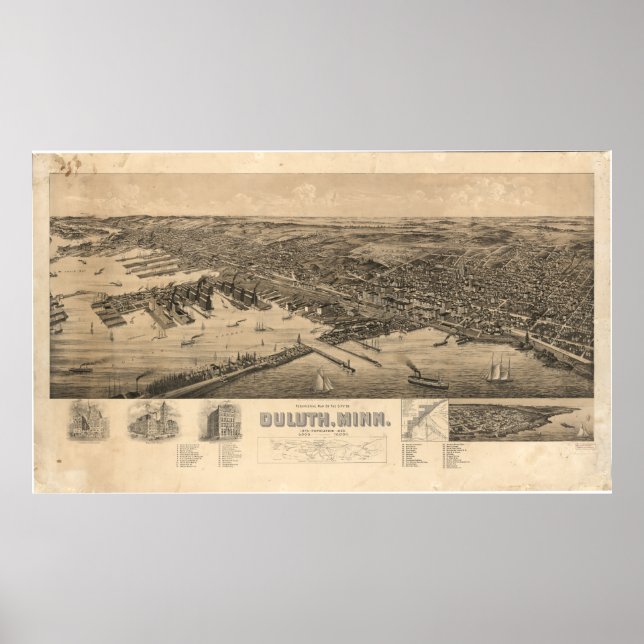Póster Mapa Perspectivo de Duluth Minnesota (1893) (Frente)
