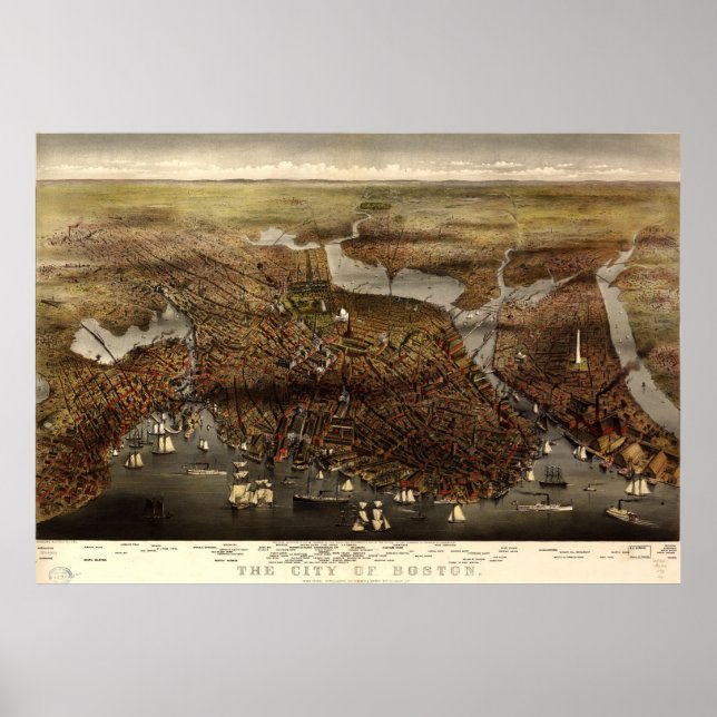 Póster Mapa Pictórico de Boston (1873) (Frente)