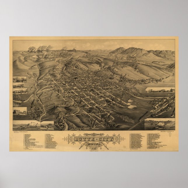 Poster Mapa Pictórico de Butte Montana (1884) (Frente)