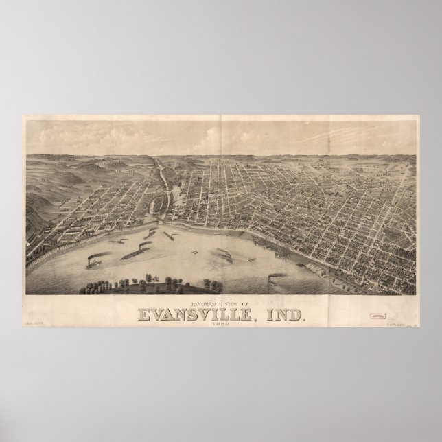 Póster Mapa Pictórico de Evansville Indiana (1880) (Frente)