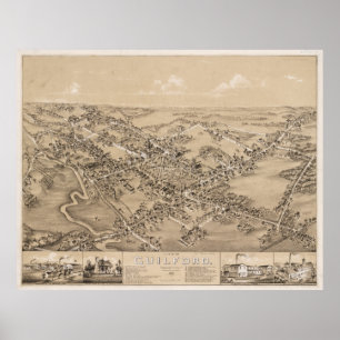 Poster Mapa Pictórico de Guilford CT (1881)