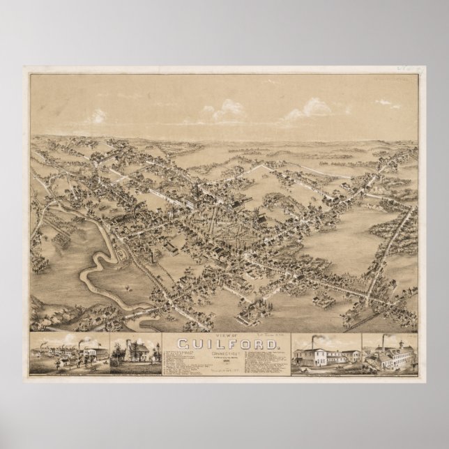 Poster Mapa Pictórico de Guilford CT (1881) (Frente)