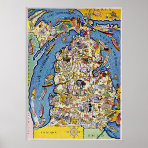 Póster mapa pictórico de Michigan dos anos 30
