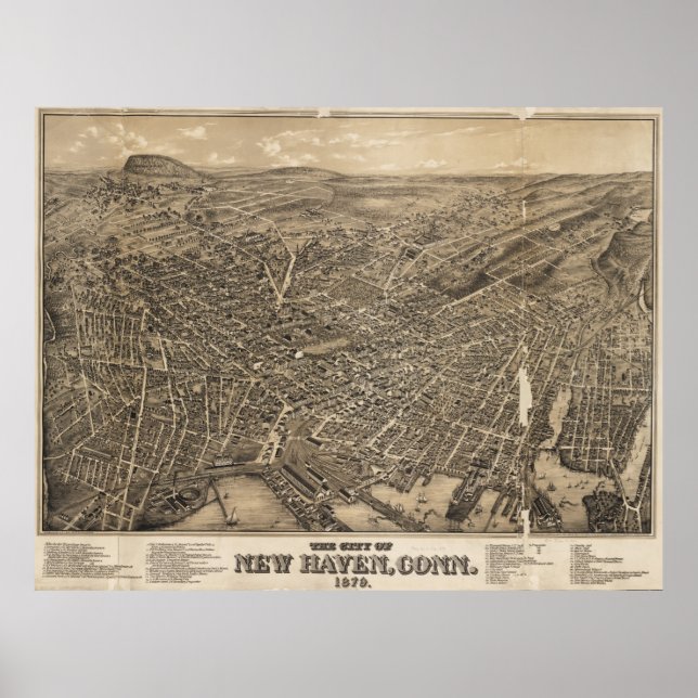 Póster Mapa Pictórico de New Haven CT (1879) (Frente)