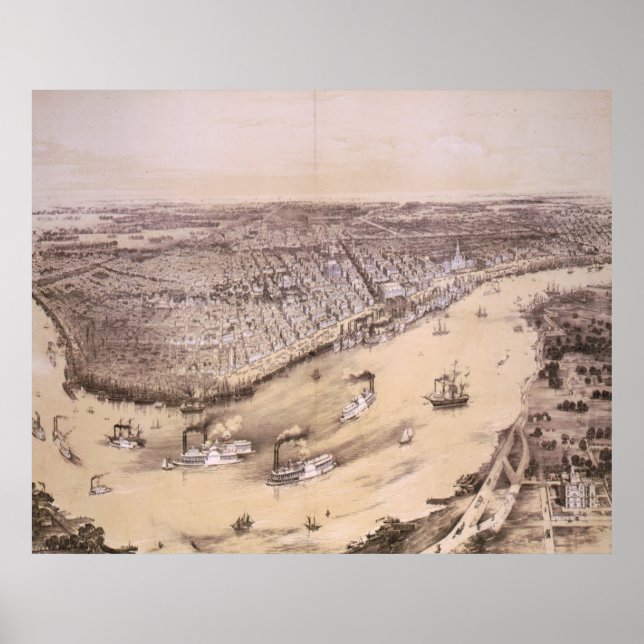 Poster Mapa Pictórico de Nova Orleans (1851) (Frente)