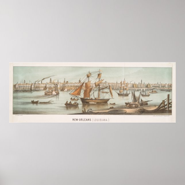 Poster Mapa Pictórico de Nova Orleans LA (1854) (Frente)