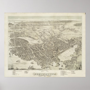 Póster Mapa Pictórico de Portsmouth NH (1877)