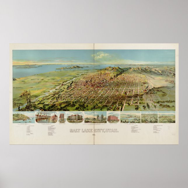 Póster Mapa Pictórico de Salt Lake City (1891) (Frente)