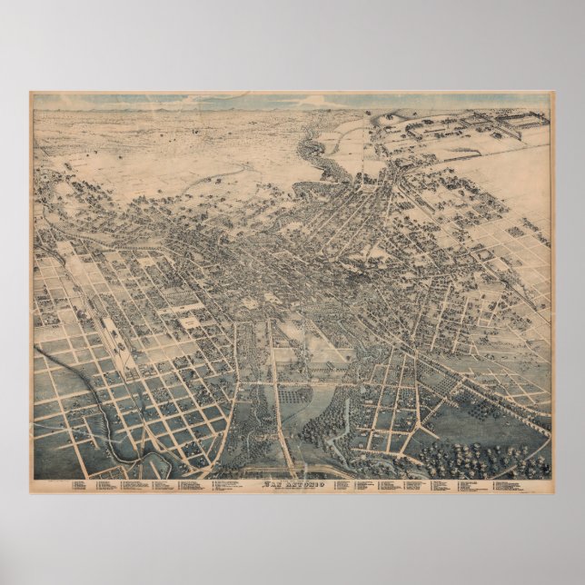 Poster Mapa Pictórico de San Antonio TX (1886) (Frente)