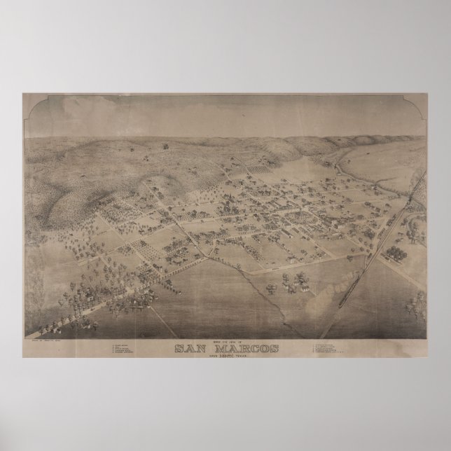 Poster Mapa Pictórico de San Marcos Texas (1881) (Frente)