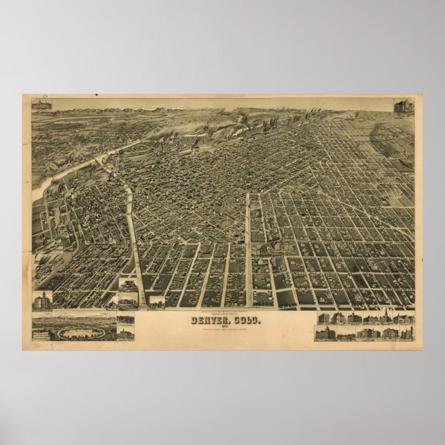 Póster Mapa Pictórico de Vintage de Denver CO (1889) (Frente)