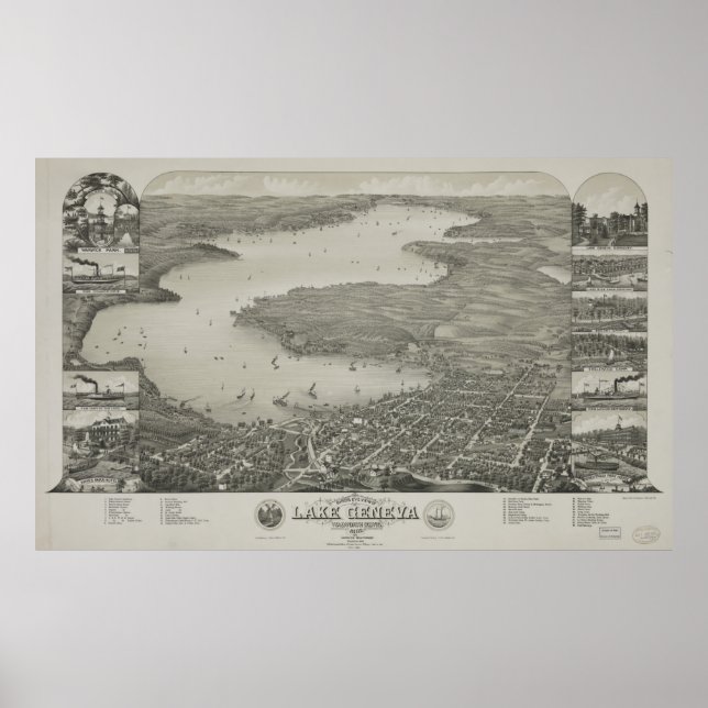 Poster Mapa pictórico do lago Genebra WI (1882) (Frente)