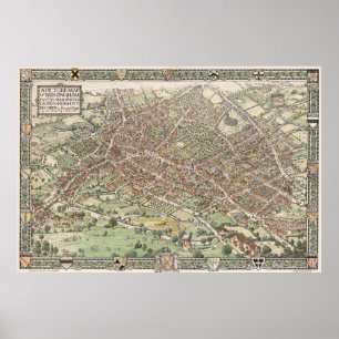 Poster Mapa pictórico do vintage de Birmingham Inglaterr