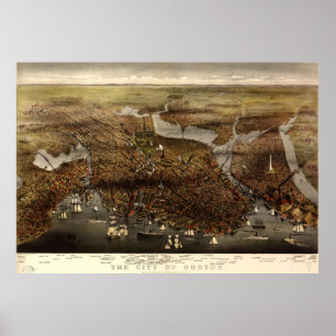 Póster Mapa pictórico do vintage de Boston (1873)