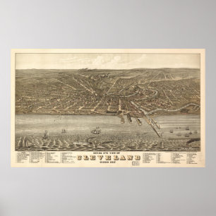 Póster Mapa pictórico do vintage de Cleveland (1877)
