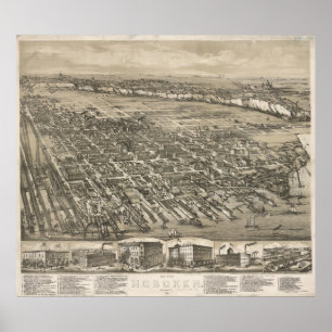 Poster Mapa pictórico do vintage de Hoboken NJ (1881)