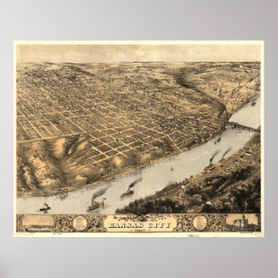 Poster Mapa pictórico do vintage de Kansas City (1869)