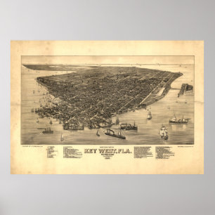 Póster Mapa pictórico do vintage de Key West FL (1884)