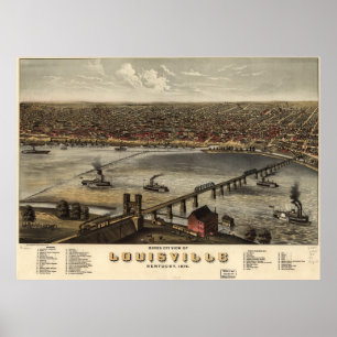 Poster Mapa pictórico do vintage de Louisville (1876)