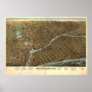 Póster Mapa pictórico do vintage de Milwaukee (1872)