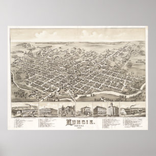 Póster Mapa pictórico do vintage de Muncie Indiana (1884