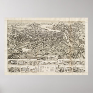 Póster Mapa pictórico do vintage de Nashua NH (1883)