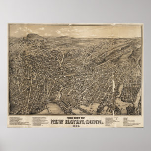 Póster Mapa pictórico do vintage de New Haven CT (1879)