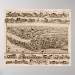 Poster Mapa pictórico do vintage de Pawtuxet RI (1890)