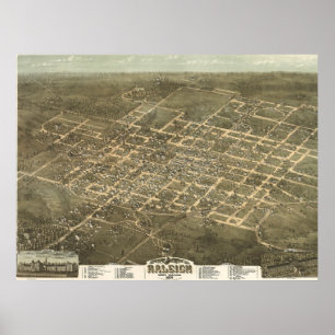 Póster Mapa pictórico do vintage de Raleigh NC (1872)