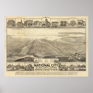 Poster Mapa pictórico do vintage de San Deigo CA (1887)