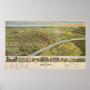 Póster Mapa pictórico do vintage de Waco Texas (1892)