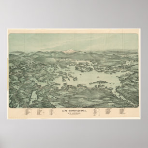 Póster Mapa pictórico do vintage do lago Winnipesaukee