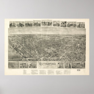 Póster Mapa pictórico do vintage do Rutherford NJ (1904)