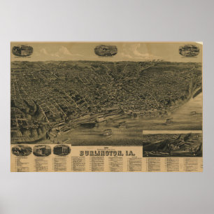 Póster Mapa Pictórico Vintage de Burlington Iowa (1889)