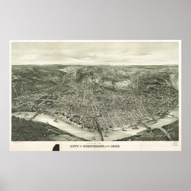 Póster Mapa Pictórico Vintage de Cincinnati (1900) (Frente)