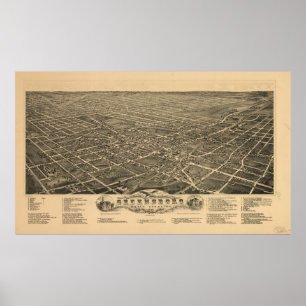Poster Mapa Pictórico Vintage de Greensboro NC (1891)